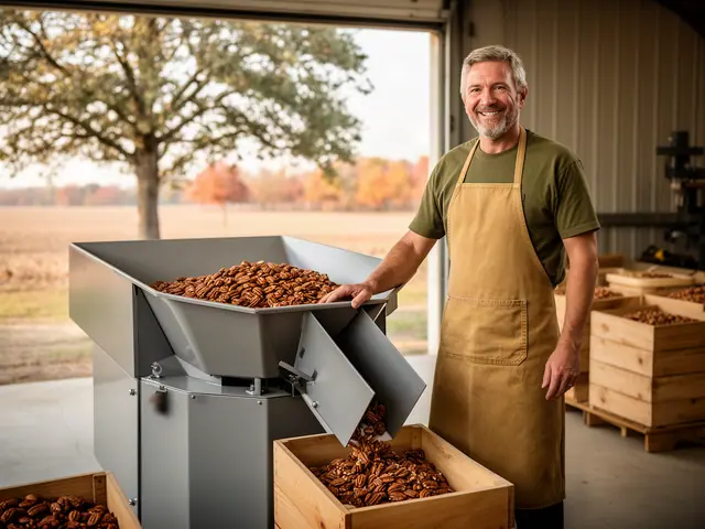 A smiling pecan sheller in a tan apron beside a new steel cracking machine pouring pecans into a wooden bin.