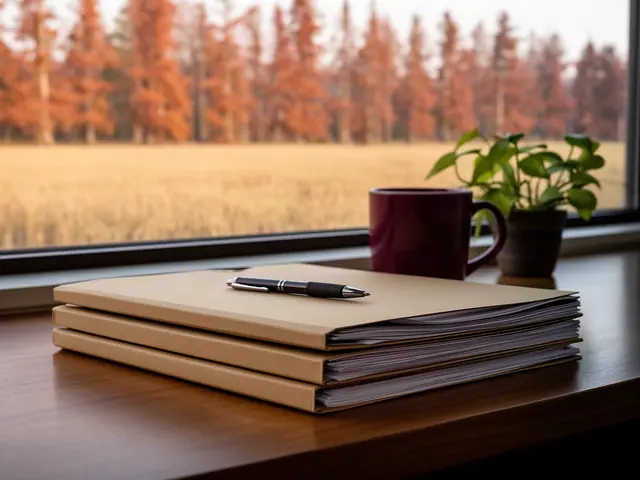 A neat stack of closed manila folders and a pen on a desk by a window.