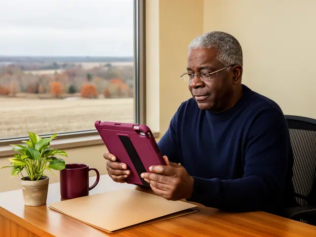 A man with short gray hair and rimless glasses reviewing a tablet at a desk in a small back office.