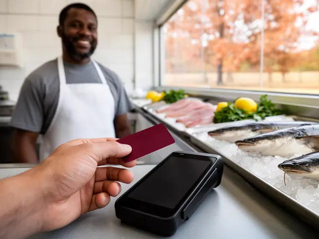 A customer taps a burgundy card on a counter terminal at a fish market with catfish on ice.