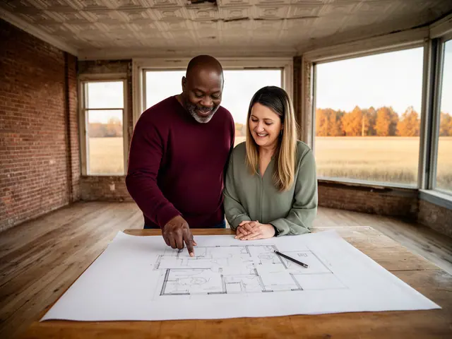 Two business partners looking over a pencil floor sketch in an empty storefront.