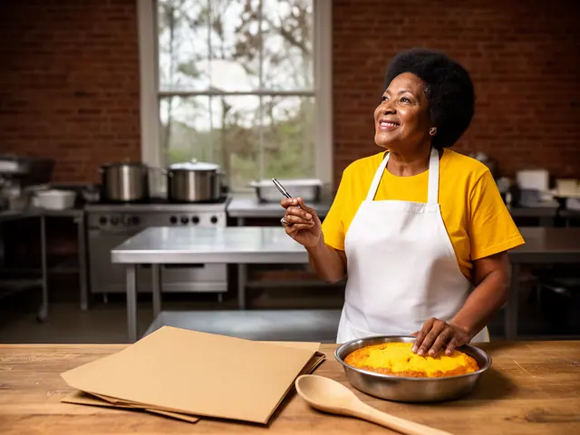 A smiling caterer in a white apron at a worktable with a pan of cornbread, a wooden spoon and a closed folder.